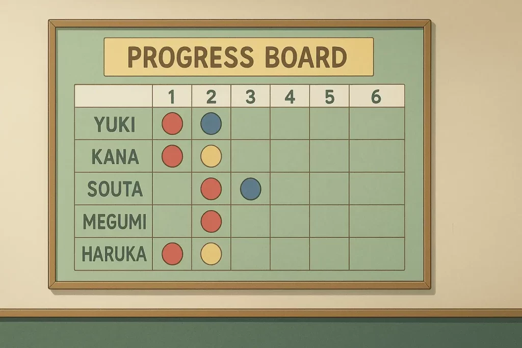 A classroom progress board displays the names Yuki, Kana, Souta, Megumi, and Haruka alongside colored markers tracking task completion across six stages. This gamified visual reflects the Octalysis Framework White Hat Core Drives by fostering accomplishment, growth, and empowerment through visible progress.