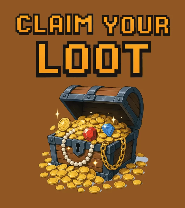 Pixel art-style image featuring a treasure chest overflowing with gold coins, pearls, and colorful gems, under bold text reading "Claim Your Loot"; visually representing the "Rewards of Gamification" concept through vibrant, game-inspired imagery.