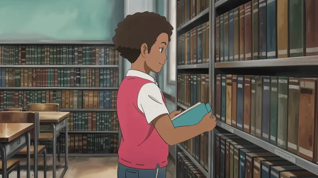An animated character in a pink vest browses books in a quiet, well-lit library, holding a light blue book with focus. This scene symbolizes curiosity and knowledge—core themes tied to White Hat motivators in the Octalysis Framework, such as meaning, accomplishment, and empowerment.