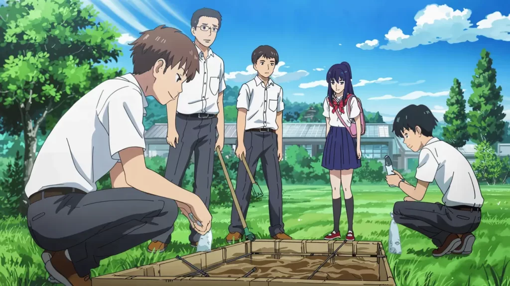 A group of high school students in uniforms gather outdoors around a wooden soil box, observing and measuring it under bright blue skies. Their teamwork and focus reflect the Octalysis Framework White Hat Core Drives like accomplishment, meaning, and empowerment through learning and collaboration.