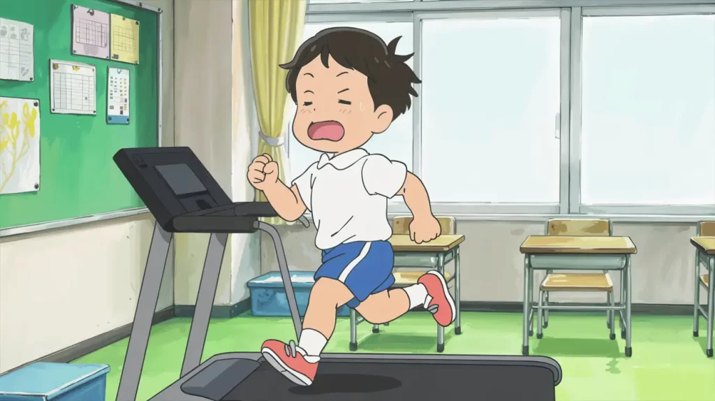 A determined young student runs on a treadmill inside a classroom, flushed and focused, embodying the emotional impact of progress through effort. The scene visually connects perseverance and visible growth, reinforcing how achievement can stir strong feelings of pride, struggle, and determination.