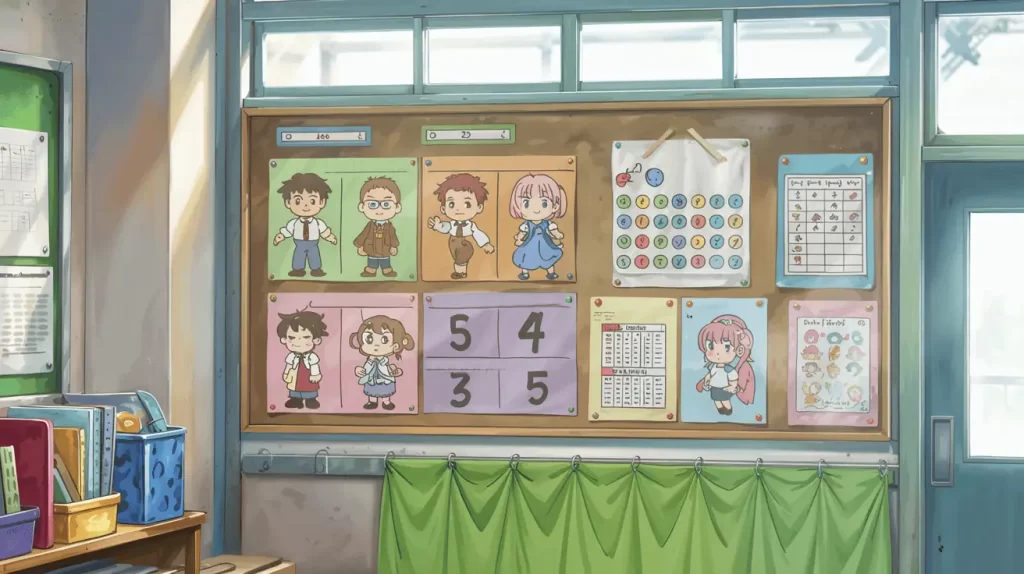 A classroom bulletin board displays colorful posters, student avatars, score charts, and progress trackers, illustrating how to celebrate achievements in visible ways. The playful, gamified visuals highlight individual and group accomplishments, creating a motivating and inclusive learning environment.