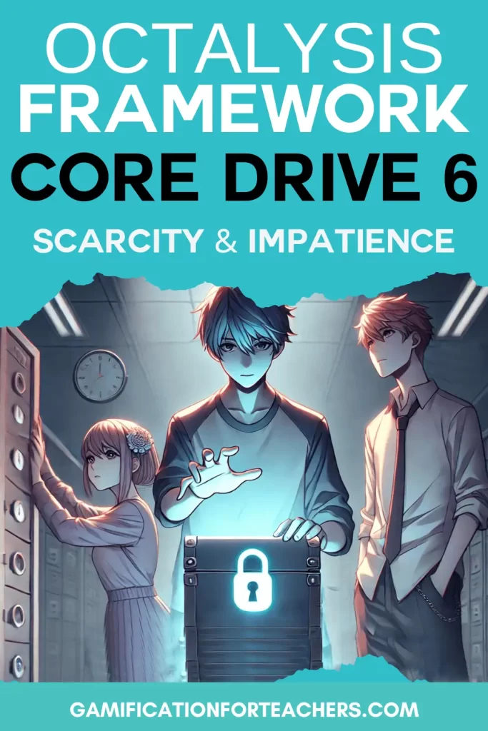 Illustration of three students in a dimly lit room unlocking a glowing chest with a padlock symbol, evoking mystery and time sensitivity. The image represents Octalysis Framework Core Drive 6: Scarcity & Impatience, emphasizing how limited access and urgency can drive engagement and action in gamified learning experiences.