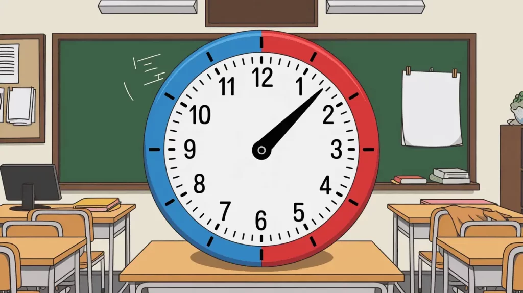 A large analog clock with red and blue segments sits on a student desk in a classroom, showing the time as 1:08. This image subtly reflects the Octalysis Framework Black Hat concept by highlighting time pressure—a motivator rooted in urgency and anxiety often used in gamified learning environments.
