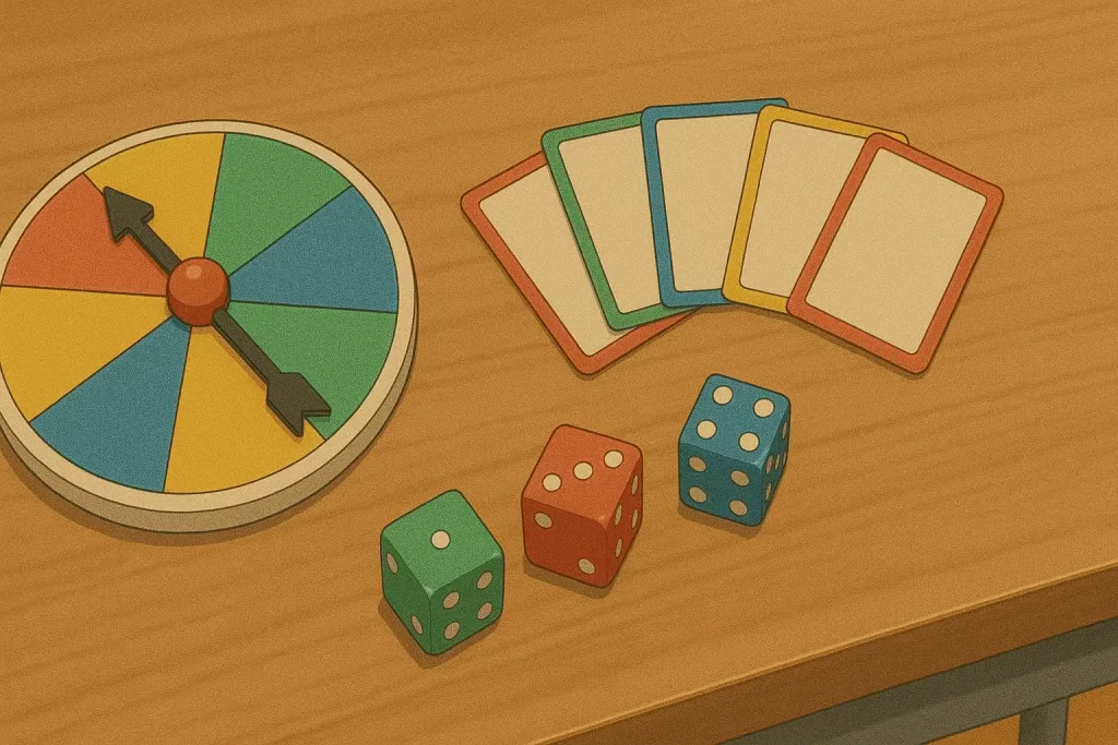 A tabletop game setup features colorful dice, blank playing cards, and a multicolor spinner, inviting creativity and playful exploration. This visual represents the Octalysis Framework Right Brain Core Drives, which emphasize fun, imagination, and social interaction in gamified learning and engagement strategies.