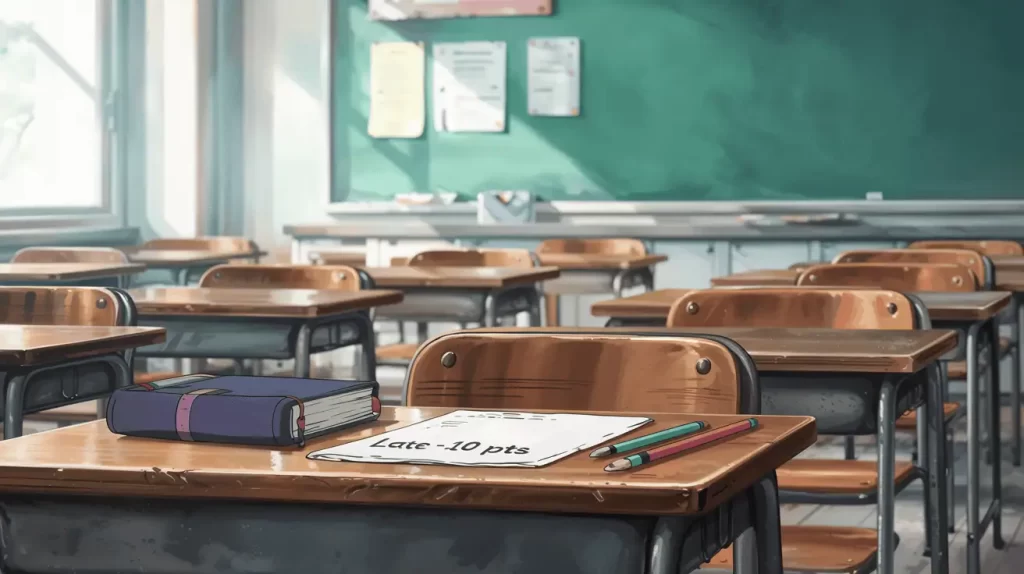 A classroom desk displays a paper marked “Late -10 pts” beside a notebook and pencils, set in an empty, sunlit room. This scene captures a key aspect of the Octalysis Framework Black Hat strategy—using loss and punishment to motivate behavior through fear of negative consequences.