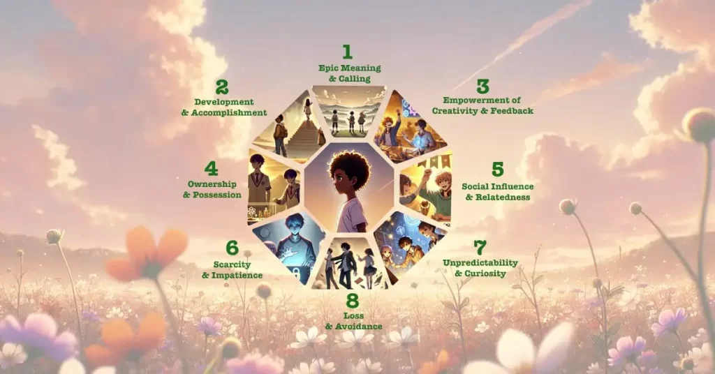 Illustration of a student at the center of a glowing octagon, surrounded by eight vibrant scenes representing each of the Octalysis Framework 8 Core Drives—from epic meaning and accomplishment to creativity, ownership, and social influence. Set against a dreamy field of flowers, the image symbolizes how diverse motivational forces shape a learner’s journey.