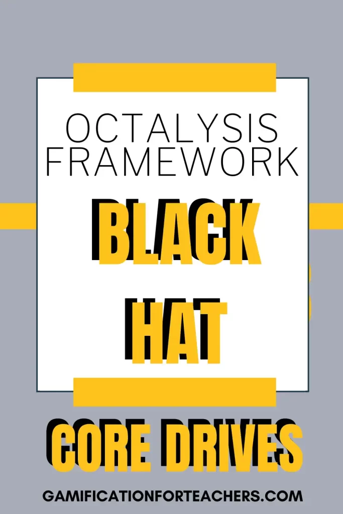 A bold infographic with the text "Octalysis Framework Black Hat Core Drives" in contrasting yellow and black typography on a gray background. This design visually represents the Octalysis Framework Black Hat elements, which use urgency, fear of loss, and unpredictability to influence behavior, as highlighted by gamificationforteachers.com.