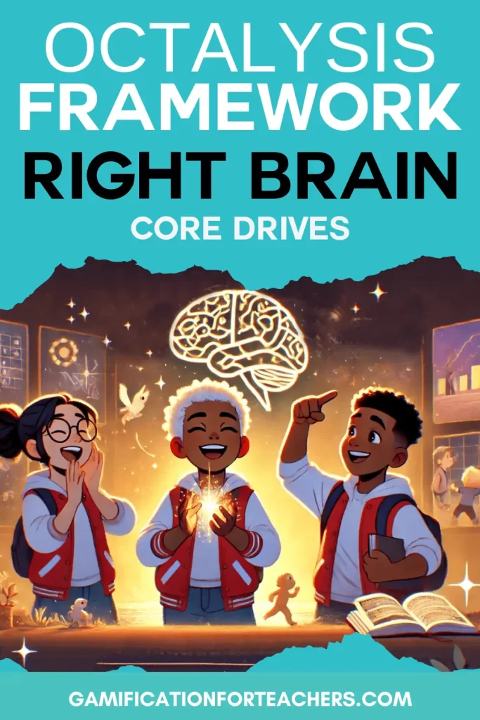 A joyful classroom scene shows animated students celebrating under a glowing brain icon, with sparkles and creative visuals around them. This image highlights the Octalysis Framework Right Brain Core Drives, which focus on creativity, social influence, and meaningful expression in gamified learning experiences.