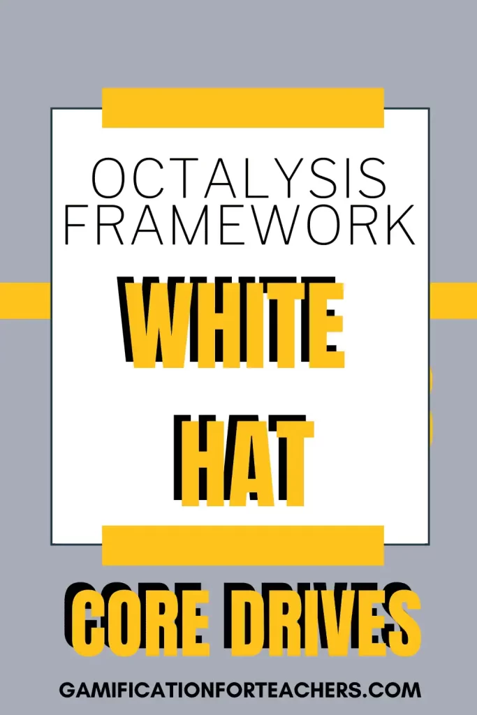 A bold educational graphic with the words "Octalysis Framework White Hat Core Drives" in black and yellow text on a gray background, promoting gamification principles. The design emphasizes the positive motivators in the Octalysis Framework White Hat category, such as meaning, growth, and empowerment.