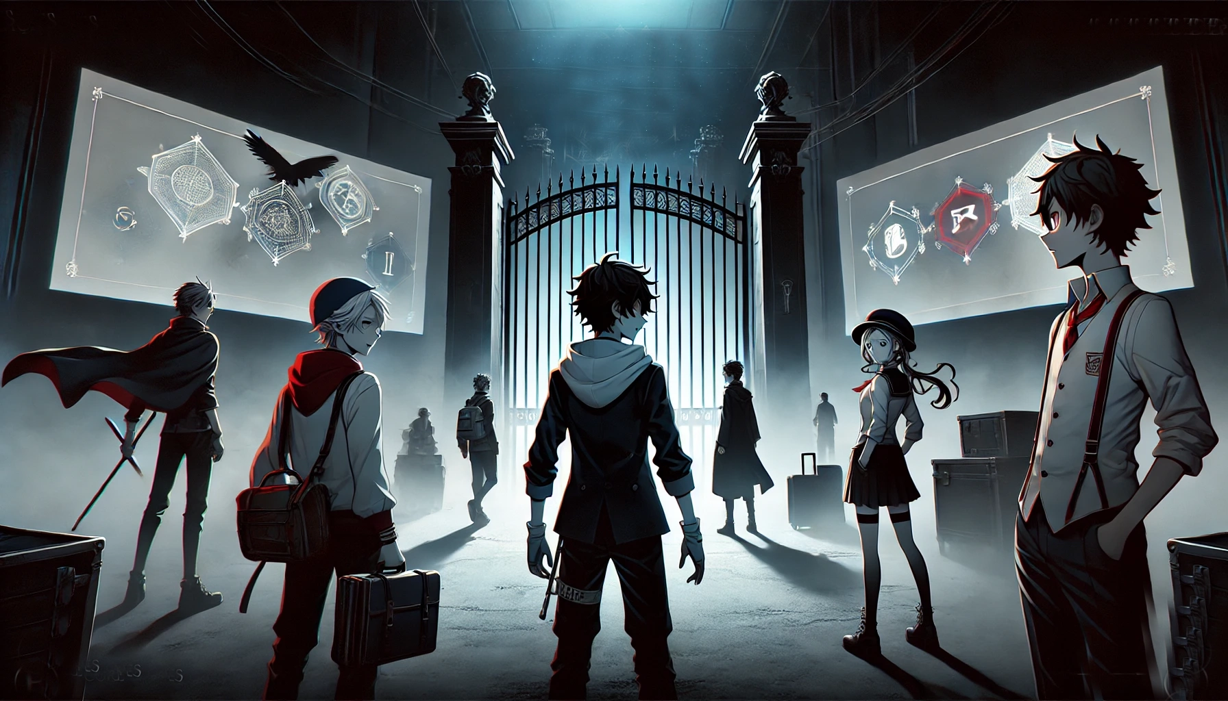 In a dark, atmospheric hall, students face a massive locked gate, surrounded by glowing strategy screens and mysterious symbols—visually capturing the tension and intensity of Octalysis Framework Black Hat Core Drives. The scene reflects motivation fueled by fear of loss, urgency, and high-stakes pressure, key elements that drive action through avoidance rather than empowerment.
