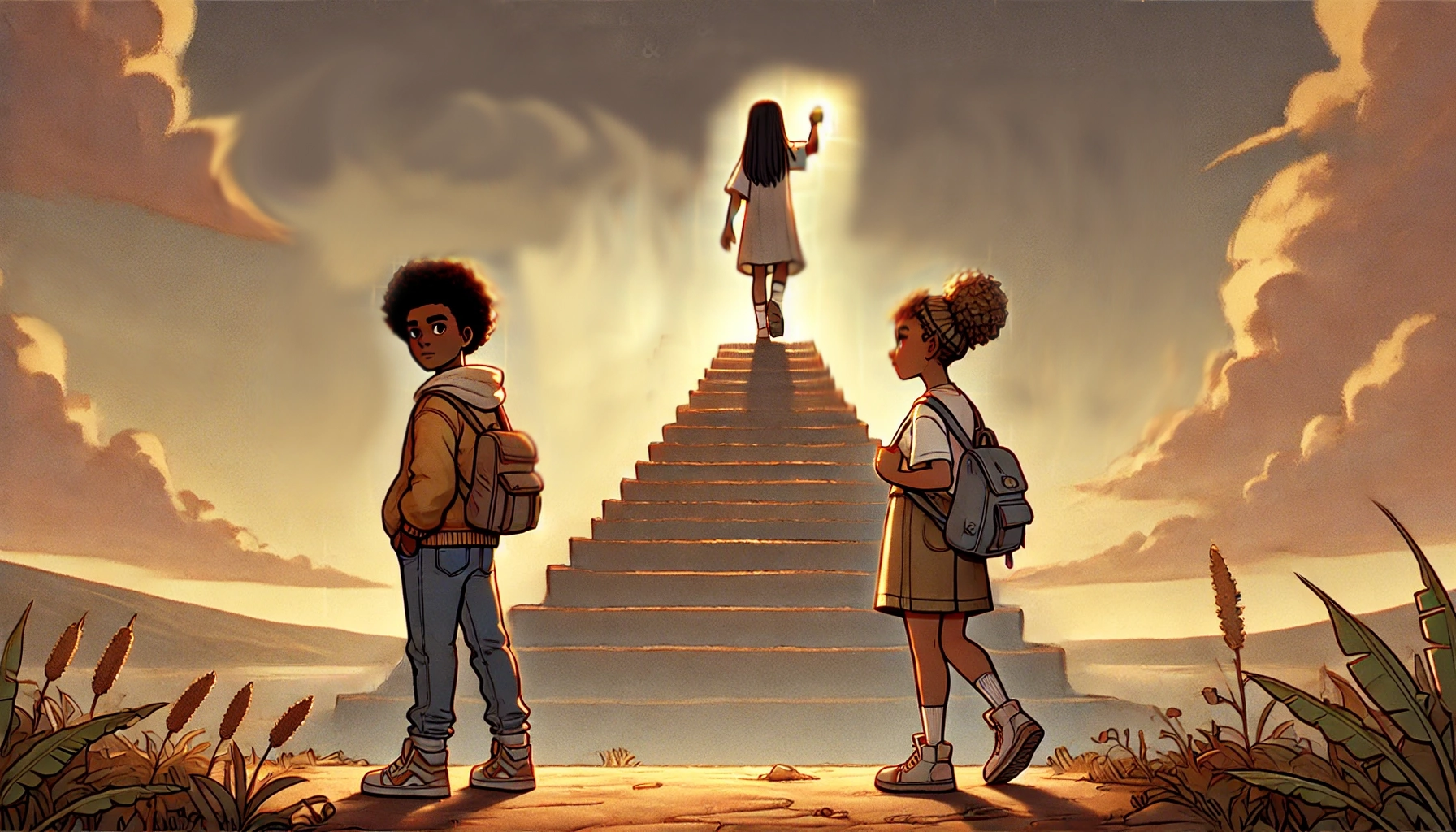 Three children on a quest. One has ascended a staircase and is standing at the top in glowing light while the other two are at the bottom.