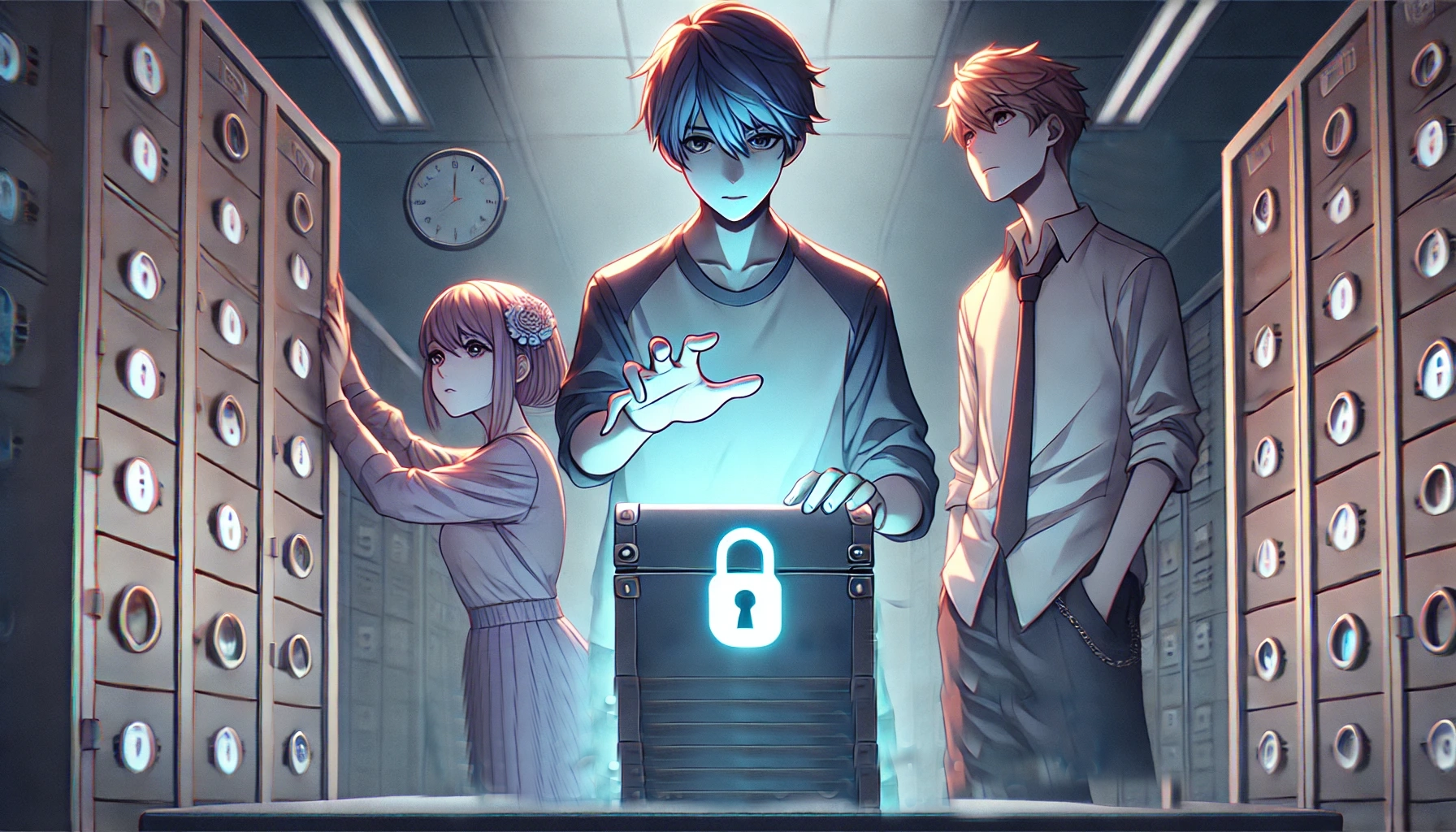Three students stand in a dim, mysterious room filled with numbered lockers, as one cautiously reaches toward a glowing locked box—symbolizing Octalysis Framework Core Drive 6: Scarcity & Impatience. The scene captures the tension and curiosity that arise when access is limited and time is pressing, a key motivational force in gamified learning.