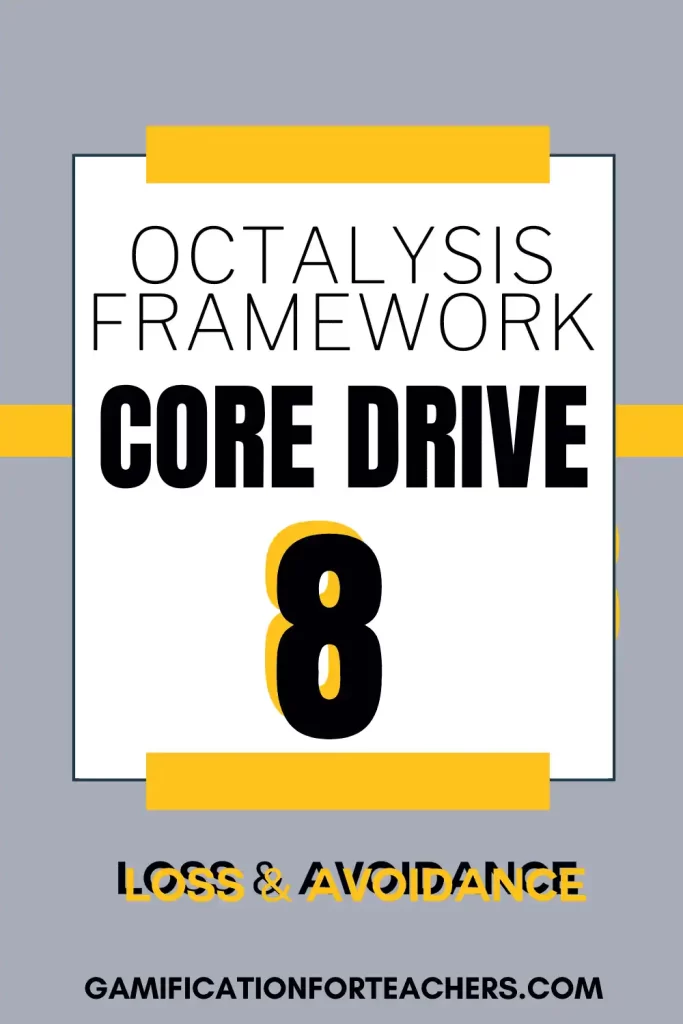Minimalist graphic poster featuring bold typography that reads "Octalysis Framework Core Drive 8: Loss & Avoidance," representing one of the eight motivational drivers in gamification theory.