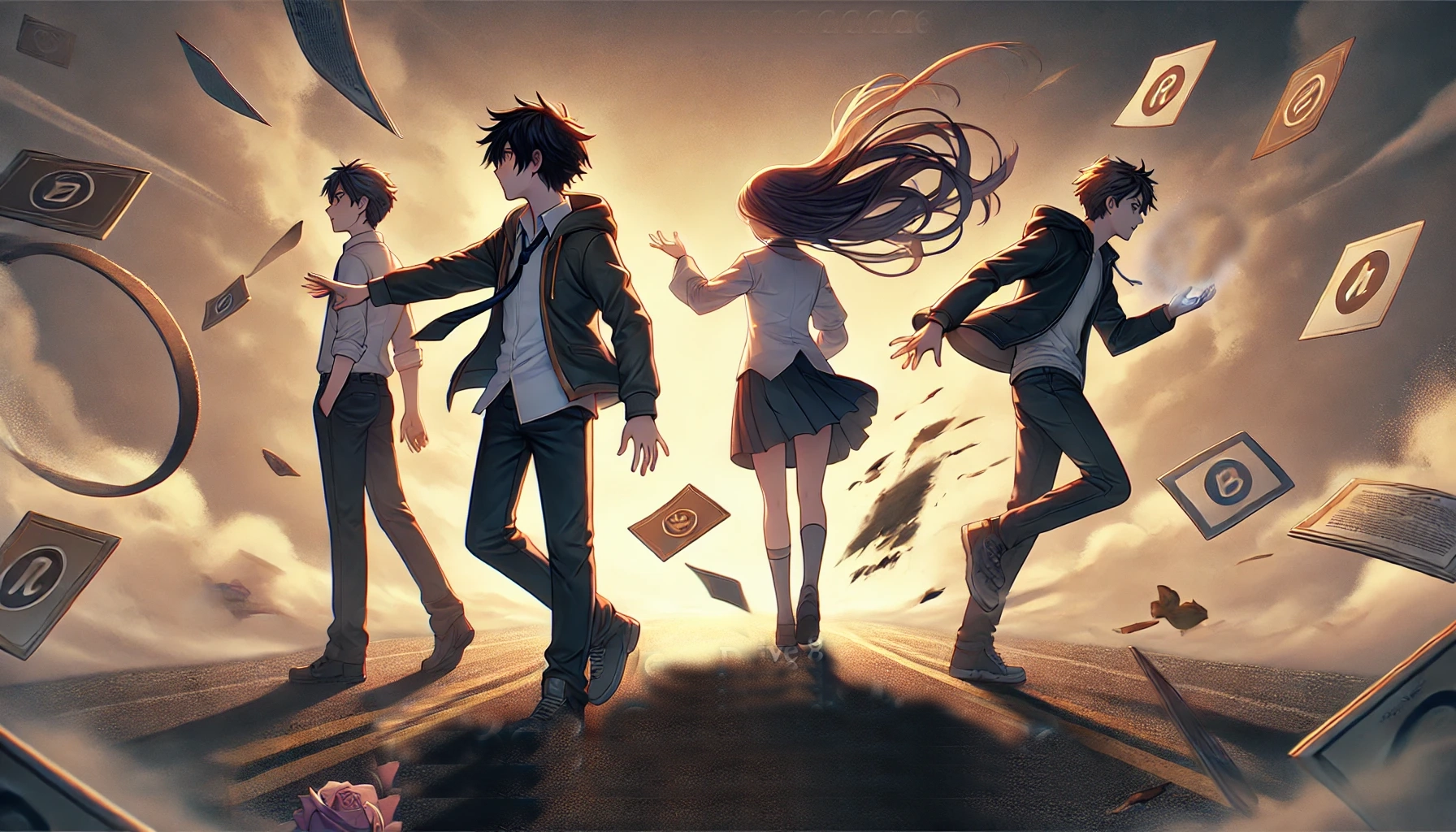 Four students move in different directions through a surreal, windswept landscape filled with floating papers and symbols, evoking a sense of urgency and escape. This dramatic scene represents Octalysis Framework Core Drive 8: Loss & Avoidance, highlighting how the fear of missing out or failure can drive decision-making and action in gamified experiences.
