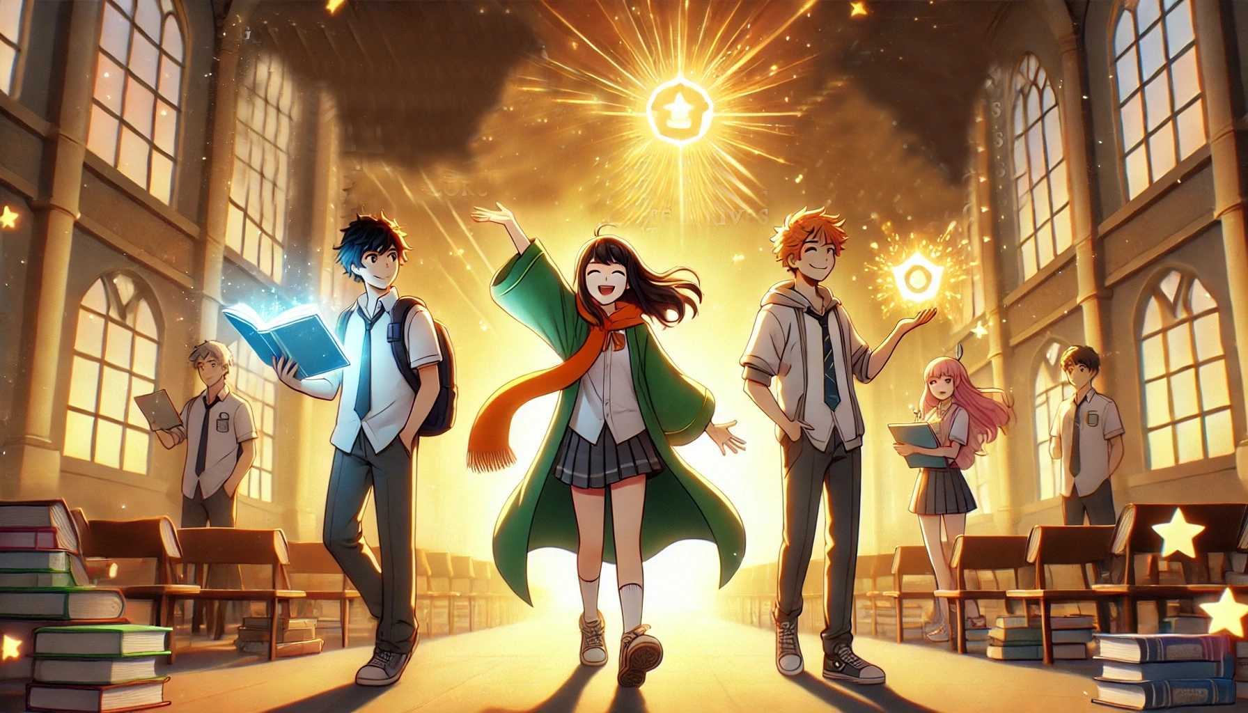 In a glowing cathedral-like hall filled with books and light, students walk confidently under radiant icons representing purpose and progress—visually capturing the essence of White Hat Core Drives in the Octalysis Framework. The uplifting scene highlights motivation driven by epic meaning, accomplishment, and empowerment, inspiring learners through positive, long-term engagement.