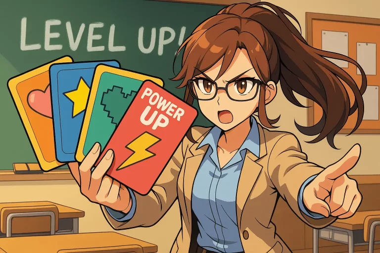 Animated teacher holding a set of colorful "Power Up" cards with icons like hearts, stars, and lightning bolts, standing confidently in front of a chalkboard that says "Level Up," illustrating the idea of "Using Power Up Cards in the Classroom" to boost student motivation and engagement.