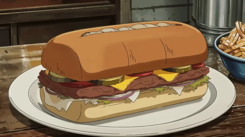 A juicy rib sandwich with melted cheese, pickles, and barbecue sauce sits on a plate beside a bowl of fries—visually capturing the appeal of a limited-time offer. This image represents Octalysis Framework Core Drive 6: Scarcity & Impatience, where the sandwich’s temporary availability triggers urgency and desire through fear of missing out.