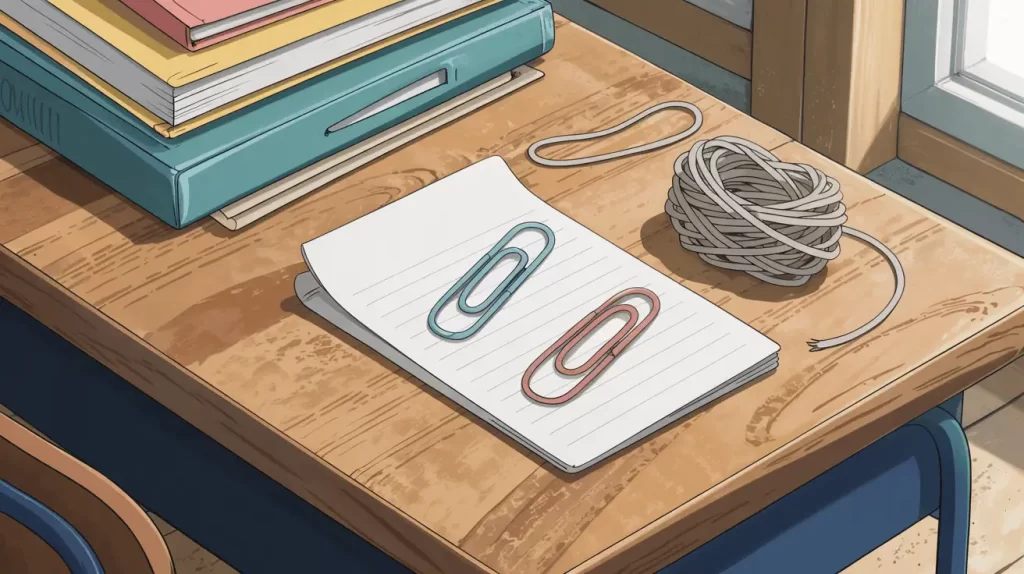 Classroom desk setup showing simple student supplies—a rubber band, string, and two paperclips on a notepad—ready for a challenge to build the tallest structure possible. This scene reflects Octalysis Framework Core Drive 6: Scarcity & Impatience, leveraging limited resources to spark urgency, innovation, and competitive motivation in learners.