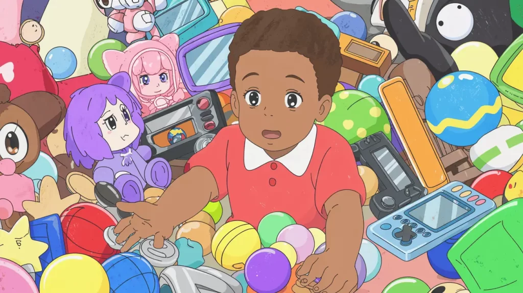 A young child surrounded by an overwhelming number of colorful toys and gadgets, appearing unsure of what to choose. This scene reflects Octalysis Framework Core Drive 6: Scarcity & Impatience, highlighting how abundance can create decision fatigue and how the fear of missing out drives urgency and engagement.