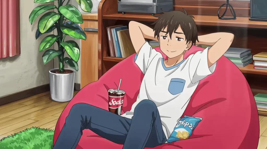 A relaxed student lounges in a beanbag chair with soda and chips, embodying Octalysis Framework Core Drive 8: Loss & Avoidance—highlighting the tension between short-term comfort and the fear of missing out on future rewards or opportunities.