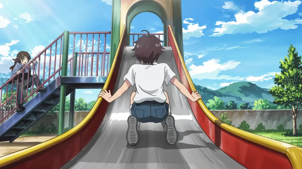 A student hesitates at the top of a slide while another climbs the stairs behind, illustrating the emotional tension of Octalysis Framework Core Drive 8: Loss & Avoidance—where fear of missing out or failure shapes decision-making.