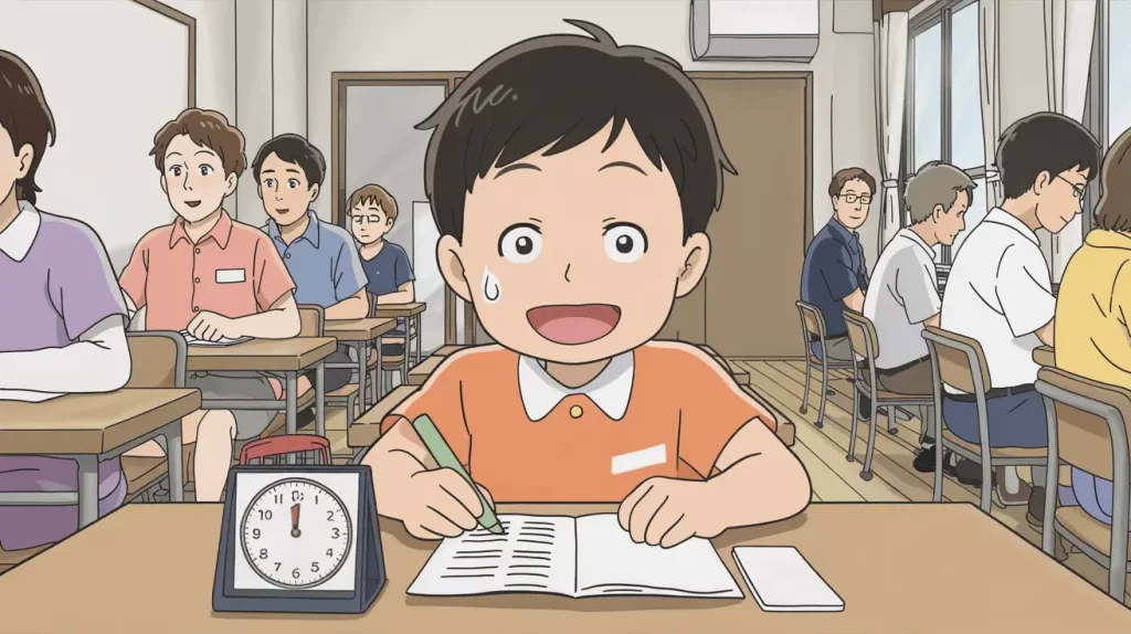 A nervous student works against the clock during a classroom test, beads of sweat on his face as peers look on. This moment captures Octalysis Framework Core Drive 6: Scarcity & Impatience, using time pressure and limited opportunity to drive urgency, focus, and performance.