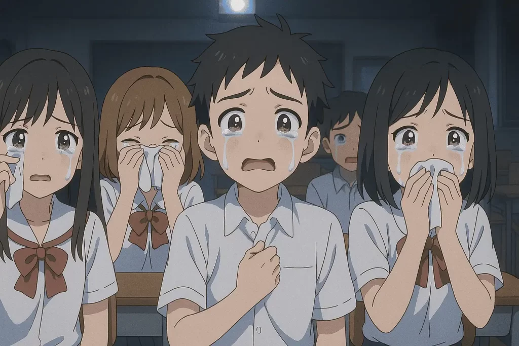 A group of animated students in school uniforms sit in a classroom with tear-filled eyes and emotional expressions, reacting deeply to something off-screen. This scene captures the emotional resonance central to the Octalysis Framework Right Brain Core Drives, which focus on storytelling, empathy, and meaningful experiences in gamified learning.