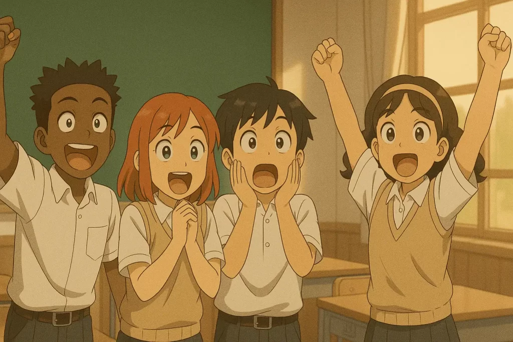 Four animated students cheer and express excitement in a sunny classroom, reacting with joy and surprise. This image illustrates the Octalysis Framework Right Brain Core Drives, highlighting emotional engagement, social connection, and spontaneous fun in gamified learning environments.