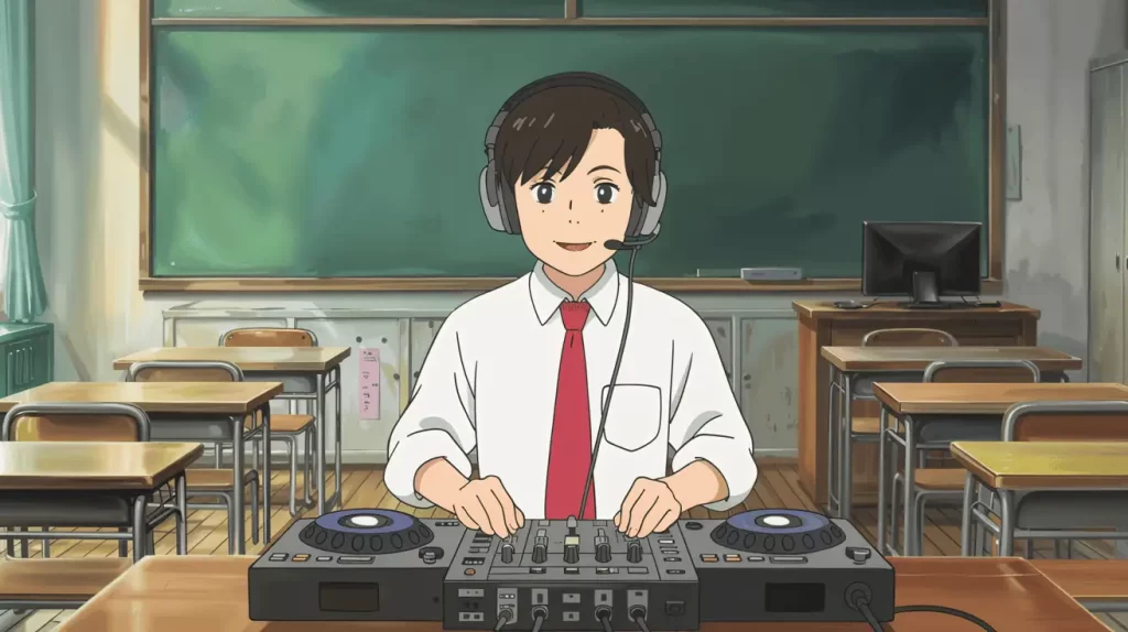 A student confidently operates DJ equipment in an empty classroom, wearing a headset and standing behind a mixing console. This image reflects Octalysis Framework Core Drive 6: Scarcity & Impatience, capturing the excitement and exclusivity of a unique opportunity—being the only one with access to a special role or tool, motivating others to act before it’s gone.