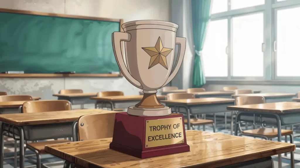 A golden “Trophy of Excellence” sits prominently on a student desk in an empty classroom, glowing in the sunlight. This visual represents Octalysis Framework Core Drive 6: Scarcity & Impatience, using the allure of a single, visible reward to spark competition and urgency among students who want to earn it before it's gone.
