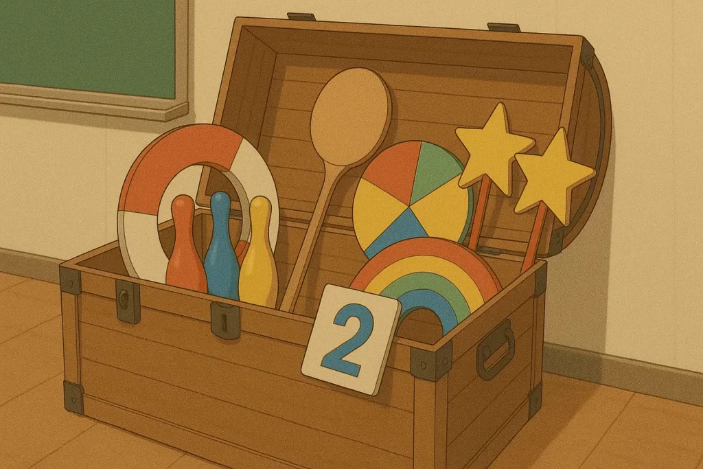 A wooden treasure chest filled with colorful classroom game props—like a rainbow, spinner, star wands, number card, and bowling pins—sits open on the floor. This playful setup visually represents the Octalysis Framework Right Brain Core Drives, emphasizing creativity, fun, and imaginative engagement in gamified learning.