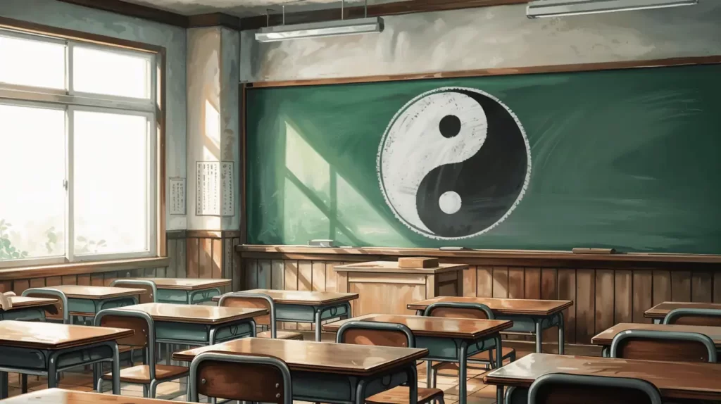 An empty classroom bathed in soft sunlight features a large yin-yang symbol drawn on a green chalkboard, symbolizing balance between opposing forces. This visual metaphorically reflects the Octalysis Framework Black Hat concept, emphasizing the strategic tension between control and freedom in motivating behavior.